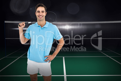 Composite image of badminton player standing with hand on hip