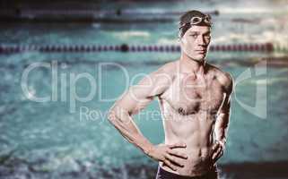 Composite image of swimmer standing with hand on hip