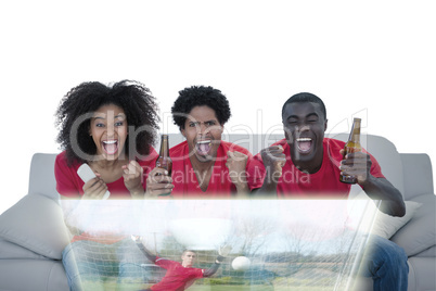 Composite image of friends are watching sport on television with