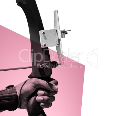 Composite image of focus on hand doing archery