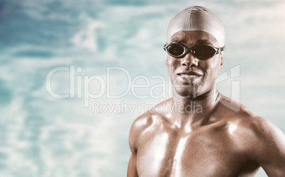 Composite image of swimmer standing with hand on hip