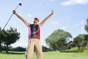 Composite image of golf player raising arms