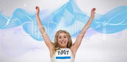 Composite image of portrait of cheerful winner athlete crossing