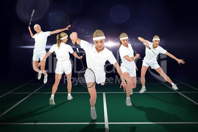 Composite image of badminton player playing badminton