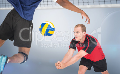 Composite image of rear view of sportsman posing while playing v