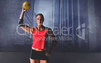 Composite image of female athlete with elbow pad holding handbal