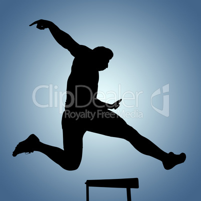 Composite image of athletic woman practicing show jumping