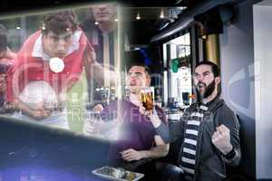 Composite image of friends are watching rugby match
