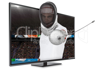 Composite image of man wearing fencing suit practicing with swor