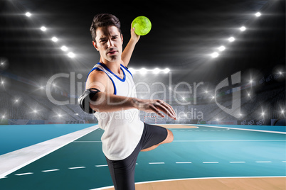 Composite image of portrait of athlete man throwing a ball