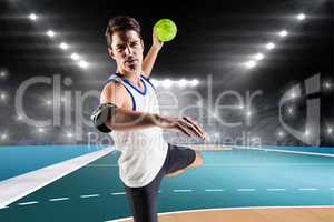 Composite image of portrait of athlete man throwing a ball