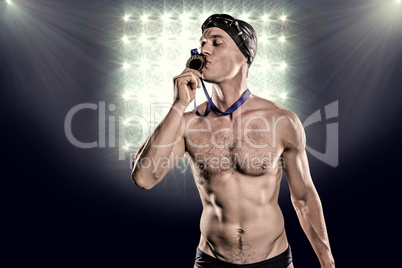 Composite image of swimmer kissing his gold medal