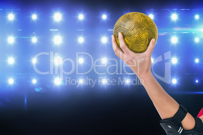 Composite image of female athlete with elbow pad holding handbal