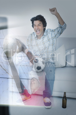 Composite image of happy man is watching sport on television