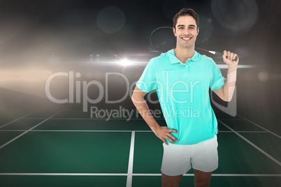 Composite image of badminton player standing with hand on hip