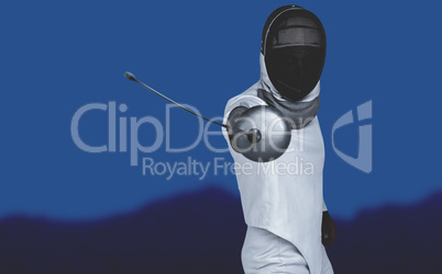 Composite image of man wearing fencing suit practicing with swor