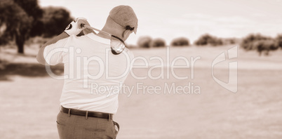 Composite image of golf player taking a shot