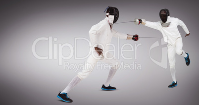 Composite image of man wearing fencing suit practicing with swor