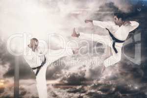 Composite image of fighter performing karate stance