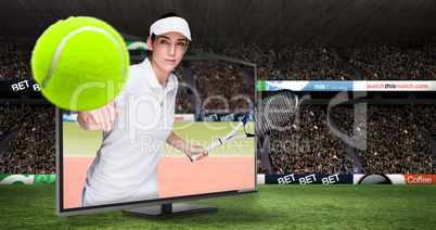 Composite image of female athlete playing tennis