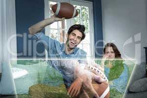 Composite image of man is watching american football match next