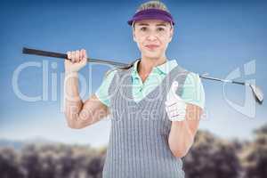 Composite image of pretty blonde playing golf and showing a thum