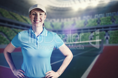 Composite image of sportswoman posing on black background