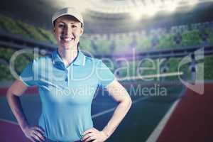 Composite image of sportswoman posing on black background