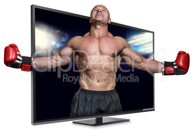 Composite image of boxer with arms outstretched