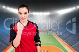 Composite image of female athlete posing with elbow pad