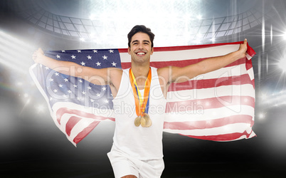 Composite image of athlete running with American flag and gold m