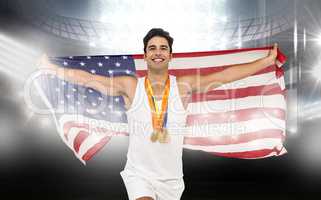 Composite image of athlete running with American flag and gold m