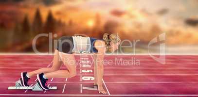 Composite image of female athlete in position ready to run