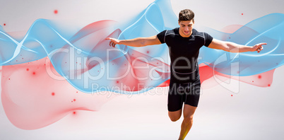 Composite image of front view of happy sportsman is running for