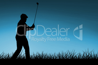 Composite image of golf player taking a shot