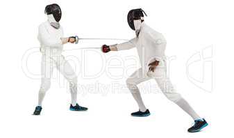 Composite image of man wearing fencing suit practicing with swor