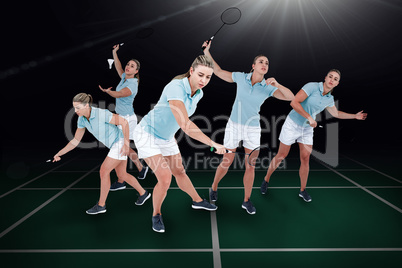 Composite image of pretty blonde playing badminton