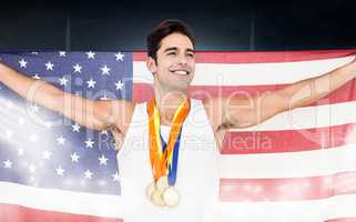 Composite image of athlete posing with gold medals and american