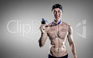 Composite image of swimmer showing his gold medal