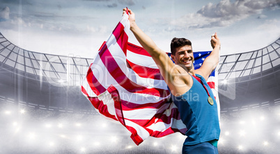 Composite image of sportsman celebrating his victory with Americ