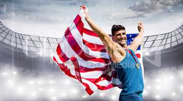 Composite image of sportsman celebrating his victory with Americ