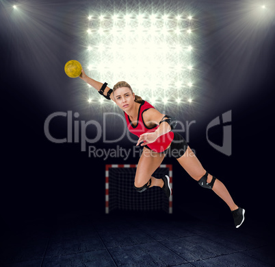 Composite image of female athlete throwing handball