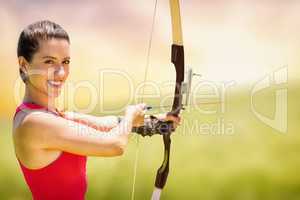 Composite image of portrait of sportswoman is smiling and practi
