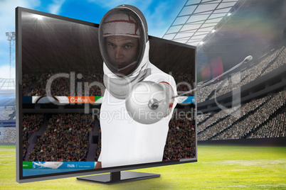 Composite image of man wearing fencing suit practicing with swor