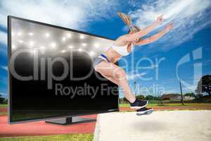 Composite image of female athlete jumping