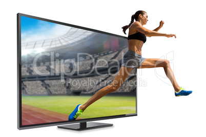 Composite image of profile view of sportswoman jumping