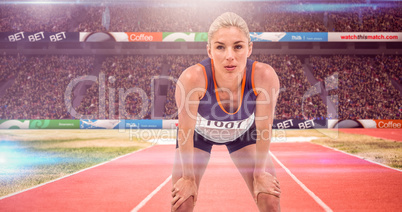 Composite image of tired athlete standing with hand on knee