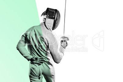 Composite image of man wearing fencing suit practicing with swor