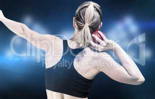 Composite image of rear view of sportswoman is practising shot p