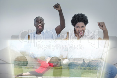 Composite image of friends are watching soccer match